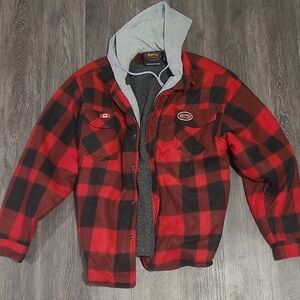 PIONEER Men's Red and Black Checkered Jacket with Gray Hood